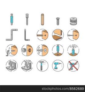assembly furniture instruction icons set vector. manual diy, man home instructions, repair tools construction, house assemble screw assembly furniture instruction color line illustrations. assembly furniture instruction icons set vector
