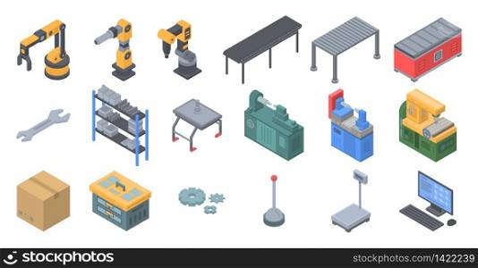 Assembly line icons set. Isometric set of assembly line vector icons for web design isolated on white background. Assembly line icons set, isometric style