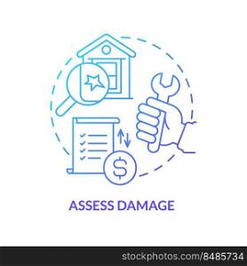 Assess damage blue gradient concept icon. Hailstorm safety abstract idea thin line illustration. Property inspection. Real estate repair. Isolated outline drawing. Myriad Pro-Bold font used. Assess damage blue gradient concept icon