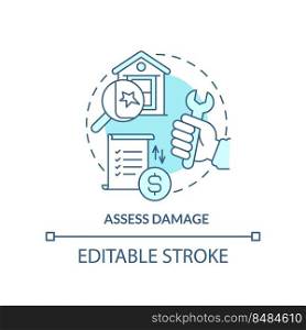 Assess damage turquoise concept icon. Storm safety abstract idea thin line illustration. Inspection. Real estate repair. Isolated outline drawing. Editable stroke. Arial, Myriad Pro-Bold fonts used. Assess damage turquoise concept icon