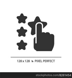 Assess pixel perfect black glyph icon. User leaving feedback about service. Experience sharing online. Product quality. Silhouette symbol on white space. Solid pictogram. Vector isolated illustration. Assess pixel perfect black glyph icon