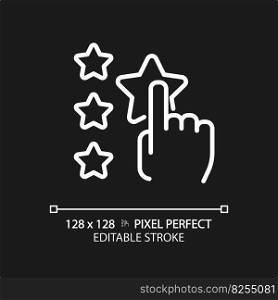 Assess pixel perfect white linear icon for dark theme. User leaving feedback about service. Experience sharing online. Thin line illustration. Isolated symbol for night mode. Editable stroke. Assess pixel perfect white linear icon for dark theme