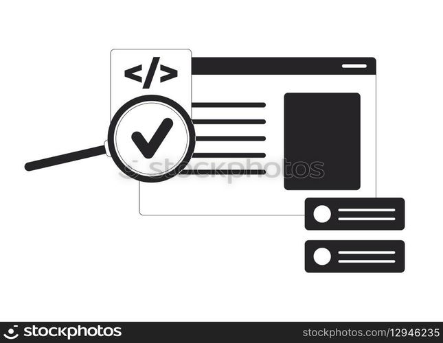Assessing programming code with loupe black and white 2D line object. Coding program magnifier. Computer window magnifying glass isolated clip art vector outline item. Monochromatic spot illustration. Assessing programming code with loupe black and white 2D line object