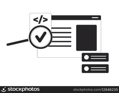 Assessing programming code with loupe black and white 2D line object. Coding program magnifier. Computer window magnifying glass isolated clip art vector outline item. Monochromatic spot illustration. Assessing programming code with loupe black and white 2D line object