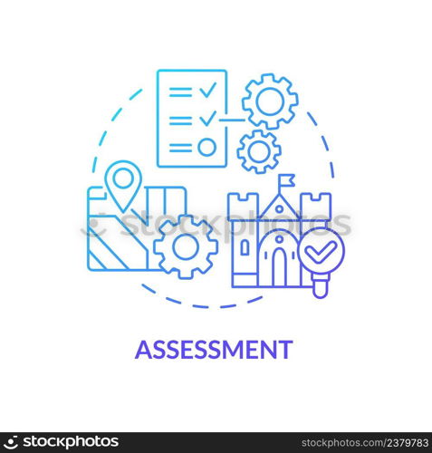 Assessment blue gradient concept icon. Evaluating artefacts. Heritage conservation process abstract idea thin line illustration. Isolated outline drawing. Myriad Pro-Bold font used. Assessment blue gradient concept icon