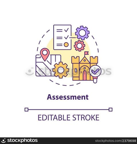 Assessment concept icon. Evaluating artefacts. Heritage conservation process abstract idea thin line illustration. Isolated outline drawing. Editable stroke. Arial, Myriad Pro-Bold fonts used. Assessment concept icon