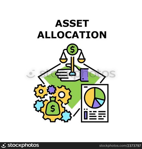 Asset Allocation Vector Icon Concept. Asset Allocation Accountant Occupation For Money Working And Earning Wealth. Researching Company Annual Financial Report And Diagram Color Illustration. Asset Allocation Vector Concept Color Illustration