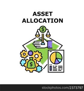 Asset Allocation Vector Icon Concept. Asset Allocation Accountant Occupation For Money Working And Earning Wealth. Researching Company Annual Financial Report And Diagram Color Illustration. Asset Allocation Vector Concept Color Illustration