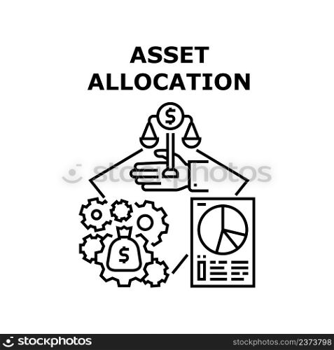 Asset Allocation Vector Icon Concept. Asset Allocation Accountant Occupation For Money Working And Earning Wealth. Researching Company Annual Financial Report And Diagram Black Illustration. Asset Allocation Vector Concept Black Illustration