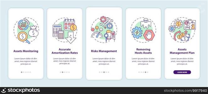 Asset management benefits onboarding mobile app page screen with concepts. Monitoring, amortization rates walkthrough 5 steps graphic instructions. UI vector template with RGB color illustrations. Asset management benefits onboarding mobile app page screen with concepts