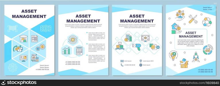 Asset management brochure template. Business finance. Flyer, booklet, leaflet print, cover design with linear icons. Vector layouts for magazines, annual reports, advertising posters. Asset management brochure template