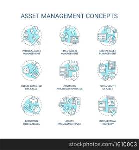 Asset management concept icons set. Investments managing idea thin line RGB color illustrations. Digital and physical management. Total asset count. Vector isolated outline drawings. Editable stroke. Asset management concept icons set