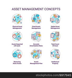 Asset management concept icons set. Investments managing idea thin line RGB color illustrations. Accurate amortization rates. Total asset count. Vector isolated outline drawings. Editable stroke. Asset management concept icons set