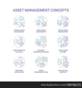 Asset management concept icons set. Investments managing idea thin line RGB color illustrations. Accurate amortization rates. Management plan. Intellectual property. Vector isolated outline drawings. Asset management concept icons set