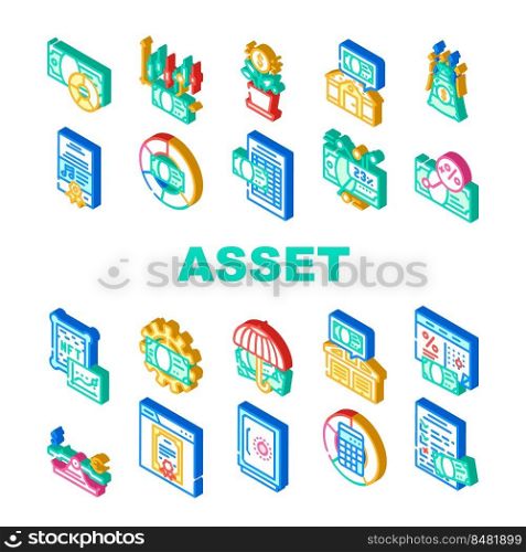asset management digital business icons set vector. finance technology, data financial money, investment fund, wealth system company asset management digital business isometric sign illustrations. asset management digital business icons set vector