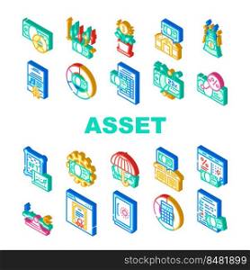 asset management digital business icons set vector. finance technology, data financial money, investment fund, wealth system company asset management digital business isometric sign illustrations. asset management digital business icons set vector