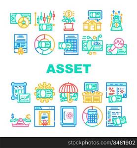 asset management digital business icons set vector. finance technology, data financial money, investment fund, wealth system company asset management digital business color line illustrations. asset management digital business icons set vector