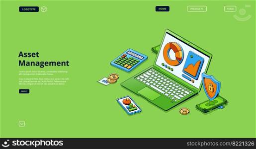 Asset management isometric landing page. Financial analytics concept, laptop and mobile phone with analysis data charts on screen, money investment strategy, finance app, 3d vector line art web banner. Asset management isometric landing page, analytics