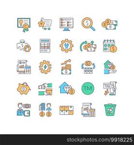 Asset management RGB color icons set. Intellectual property law. Buying business assets. Finance management. Increasing revenue in business. Investment in property. Isolated vector illustrations. Asset management RGB color icons set