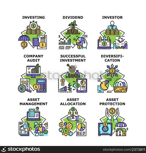 Asset Management Set Icons Vector Illustrations. Asset Management And Allocation, Investor Success Investing And Dividend Protection, Diversification And Company Audit Color Illustrations. Asset Management Set Icons Vector Illustrations