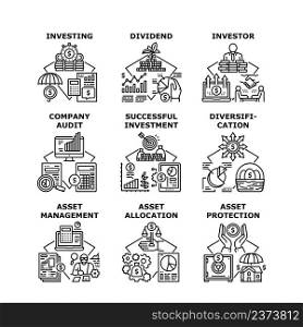 Asset Management Set Icons Vector Illustrations. Asset Management And Allocation, Investor Success Investing And Dividend Protection, Diversification And Company Audit Black Illustration. Asset Management Set Icons Vector Illustrations