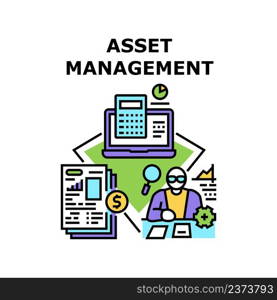 Asset Management Vector Icon Concept. Asset Management Businessman Occupation, Researching Market And Financial Document, Calculating Income And Wealth. Accountant Business Color Illustration. Asset Management Vector Concept Color Illustration