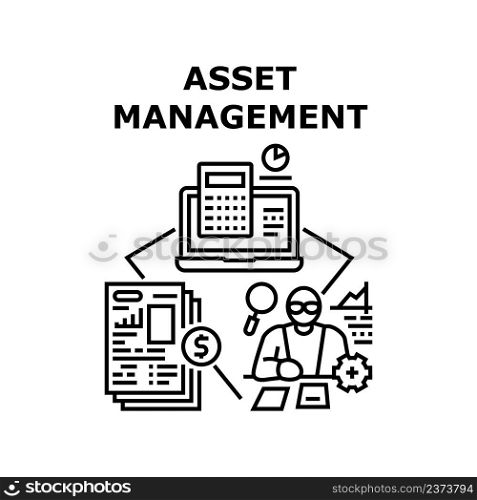 Asset Management Vector Icon Concept. Asset Management Businessman Occupation, Researching Market And Financial Document, Calculating Income And Wealth. Accountant Business Black Illustration. Asset Management Vector Concept Black Illustration