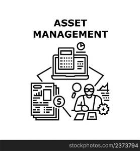Asset Management Vector Icon Concept. Asset Management Businessman Occupation, Researching Market And Financial Document, Calculating Income And Wealth. Accountant Business Black Illustration. Asset Management Vector Concept Black Illustration