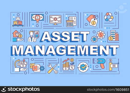 Asset management word concepts banner. Business finance. Economy plan. Infographics with linear icons on blue background. Isolated typography. Vector outline RGB color illustration. Asset management word concepts banner