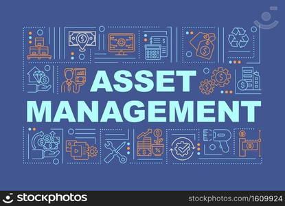 Asset management word concepts banner. Business finance. Economy plan. Infographics with linear icons on dark blue background. Isolated typography. Vector outline RGB color illustration. Asset management word concepts banner