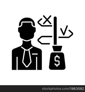 Asset manager black glyph icon. Specialist making investment decisions for client. Stock market operationg expert. Financial advisor. Silhouette symbol on white space. Vector isolated illustration. Asset manager black glyph icon