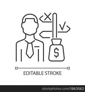 Asset manager linear icon. Specialist making investments. Stock market operationg expert. Thin line customizable illustration. Contour symbol. Vector isolated outline drawing. Editable stroke. Asset manager linear icon