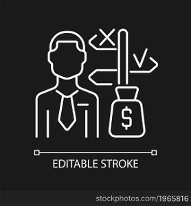 Asset manager white linear icon for dark theme. Specialist making investments. Stock market expert. Thin line customizable illustration. Isolated vector contour symbol for night mode. Editable stroke. Asset manager white linear icon for dark theme