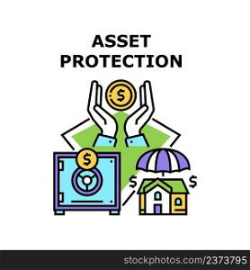 Asset Protection Vector Icon Concept. Asset Protection In Bank Safe Security Equipment, Investor Safe Money And Buying House Real Estate. Businessman Investment And Finance Protect Color Illustration. Asset Protection Vector Concept Color Illustration