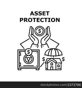 Asset Protection Vector Icon Concept. Asset Protection In Bank Safe Security Equipment, Investor Safe Money And Buying House Real Estate. Businessman Investment And Finance Protect Black Illustration. Asset Protection Vector Concept Black Illustration