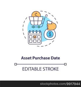 Asset purchase date concept icon. Assets inventory element idea thin line illustration. Financial accounting. Posting transactions. Vector isolated outline RGB color drawing. Editable stroke. Asset purchase date concept icon