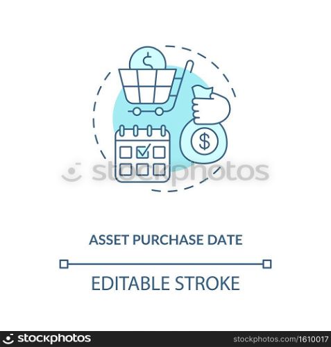 Asset purchase date concept icon. Assets inventory element idea thin line illustration. Investment support. Posting transactions. Vector isolated outline RGB color drawing. Editable stroke. Asset purchase date concept icon