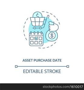 Asset purchase date concept icon. Assets inventory element idea thin line illustration. Investment support. Posting transactions. Vector isolated outline RGB color drawing. Editable stroke. Asset purchase date concept icon