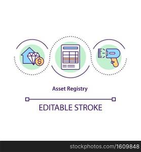 Asset registry concept icon. Financial management. Income report. Money control. Business service idea thin line illustration. Vector isolated outline RGB color drawing. Editable stroke. Asset registry concept icon