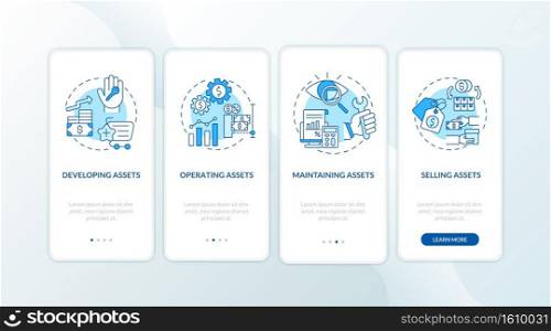 Assets control components onboarding mobile app page screen with concepts. Development, maintenance walkthrough 4 steps graphic instructions. UI vector template with RGB color illustrations. Assets control components onboarding mobile app page screen with concepts