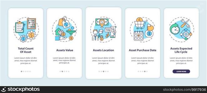 Assets inventory elements onboarding mobile app page screen with concepts. Asset total count, value walkthrough 5 steps graphic instructions. UI vector template with RGB color illustrations. Assets inventory elements onboarding mobile app page screen with concepts