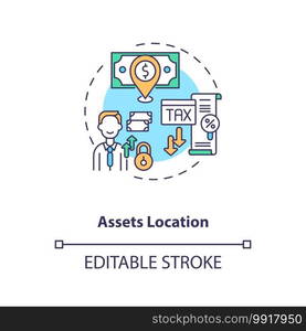 Assets location concept icon. Assets inventory element idea thin line illustration. Money keeping. Tax-minimization strategy. Vector isolated outline RGB color drawing. Editable stroke. Assets location concept icon