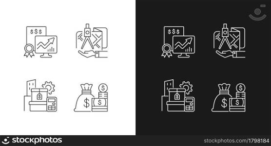 Assets management linear icons set for dark and light mode. Cash and marketable securities. Public stock. Customizable thin line symbols. Isolated vector outline illustrations. Editable stroke. Assets management linear icons set for dark and light mode