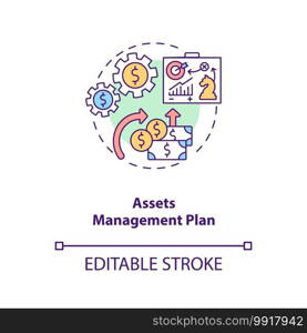 Assets management plan concept icon. AM benefit idea thin line illustration. Calculating life-cycle costs. Long-term financial planning. Vector isolated outline RGB color drawing. Editable stroke. Assets management plan concept icon