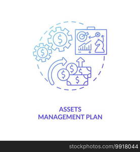 Assets management plan concept icon. AM benefit idea thin line illustration. Calculating life-cycle costs. Delivering agreed service standard. Vector isolated outline RGB color drawing. Assets management plan concept icon