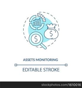 Assets monitoring concept icon. Asset management benefit idea thin line illustration. Remote monitoring and control. Performance reviewing. Vector isolated outline RGB color drawing. Editable stroke. Assets monitoring concept icon