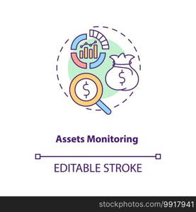 Assets monitoring concept icon. Asset management benefit idea thin line illustration. Verifying location and status. Performance reviewing. Vector isolated outline RGB color drawing. Editable stroke. Assets monitoring concept icon