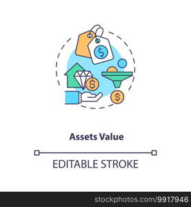 Assets valuation concept icon. Assets inventory element idea thin line illustration. Determining fair market value. Identifying right price. Vector isolated outline RGB color drawing. Editable stroke. Assets valuation concept icon