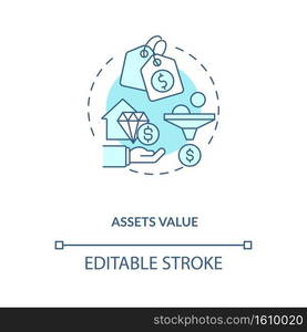 Assets valuation concept icon. Assets inventory element idea thin line illustration. Subjective, objective measurements. Identifying price. Vector isolated outline RGB color drawing. Editable stroke. Assets valuation concept icon