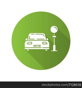 Assigned car parking zone green flat design long shadow glyph icon. Automobile city parking lot, space. Urban street carpark area. Vector silhouette illustration